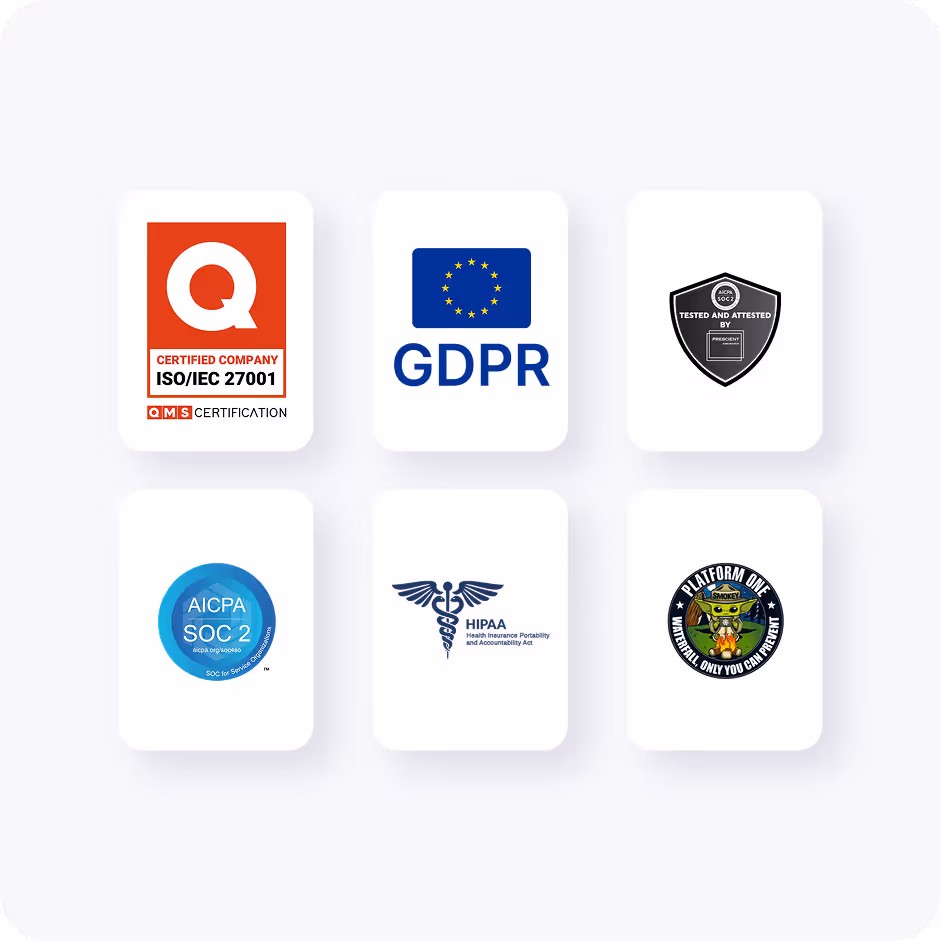 Six certification and compliance logos including ISO/IEC 27001, GDPR, AICPA SOC 2, HIPAA, and Platform One with a green cartoon character.